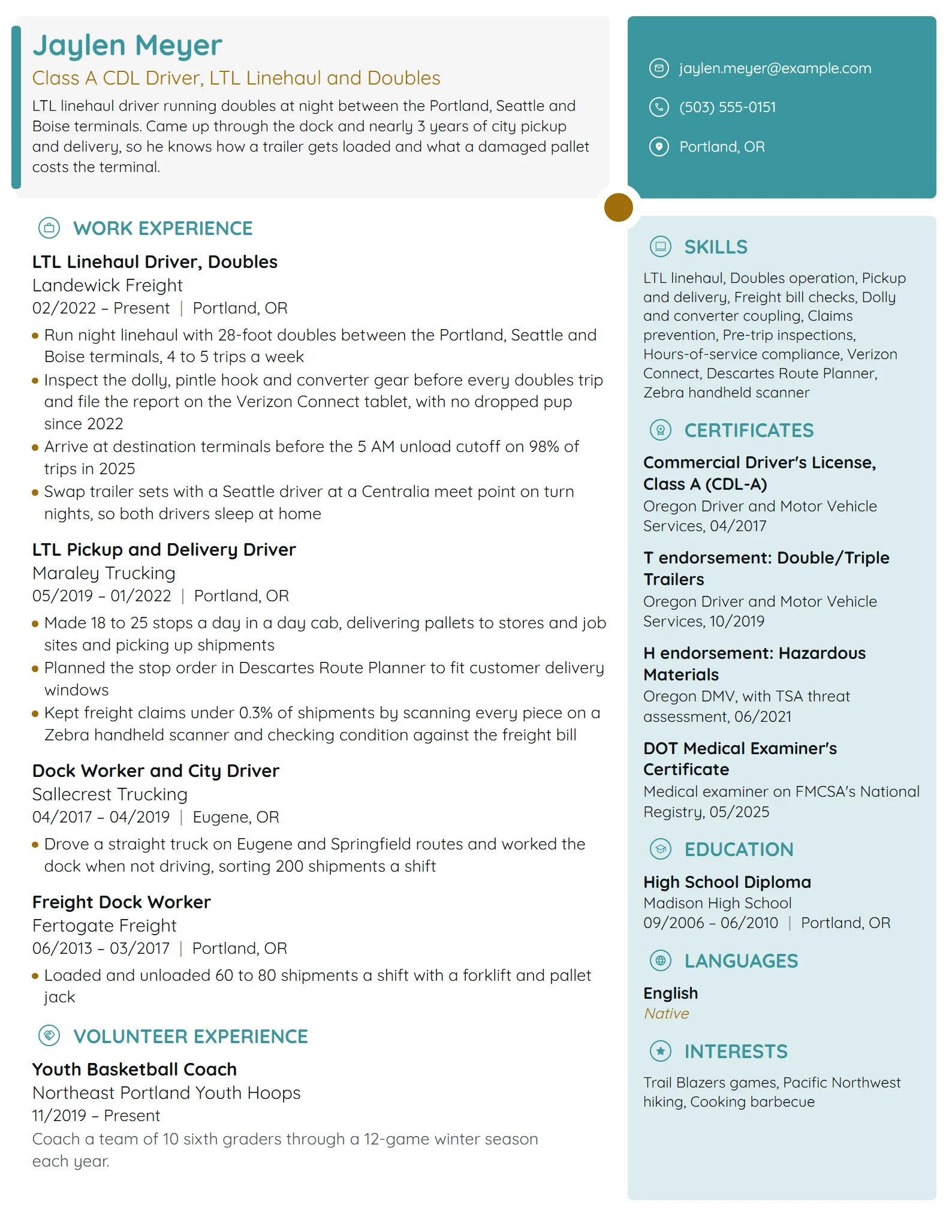 LTL Truck Driver resume example