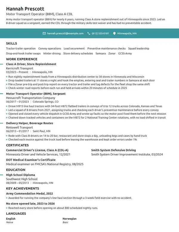 Motor Transport Operator resume example