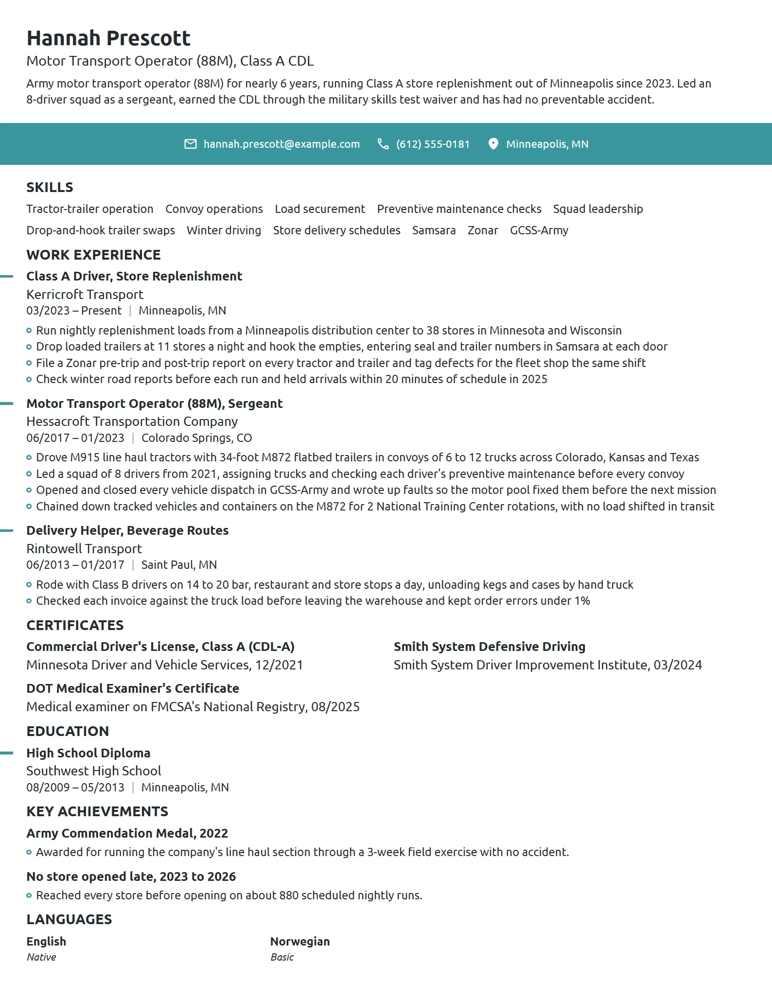 Motor Transport Operator resume example