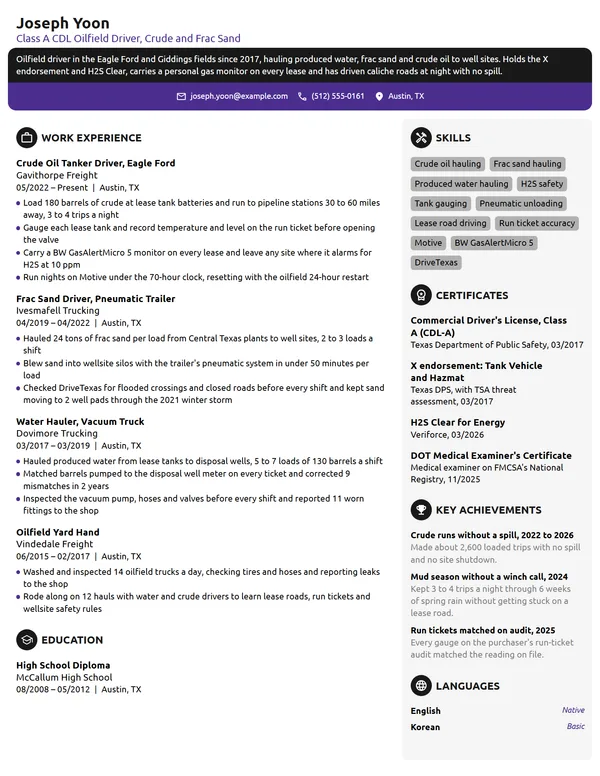 Oilfield Truck Driver resume example