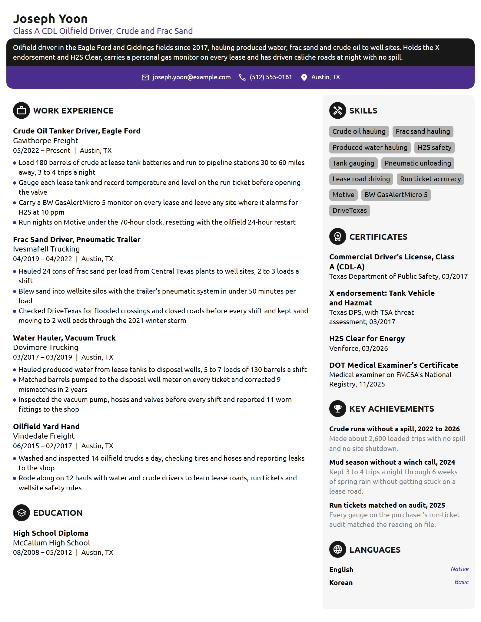 Oilfield Truck Driver resume example