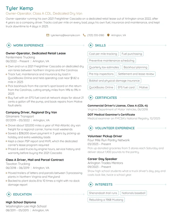 Owner-Operator Truck Driver resume example