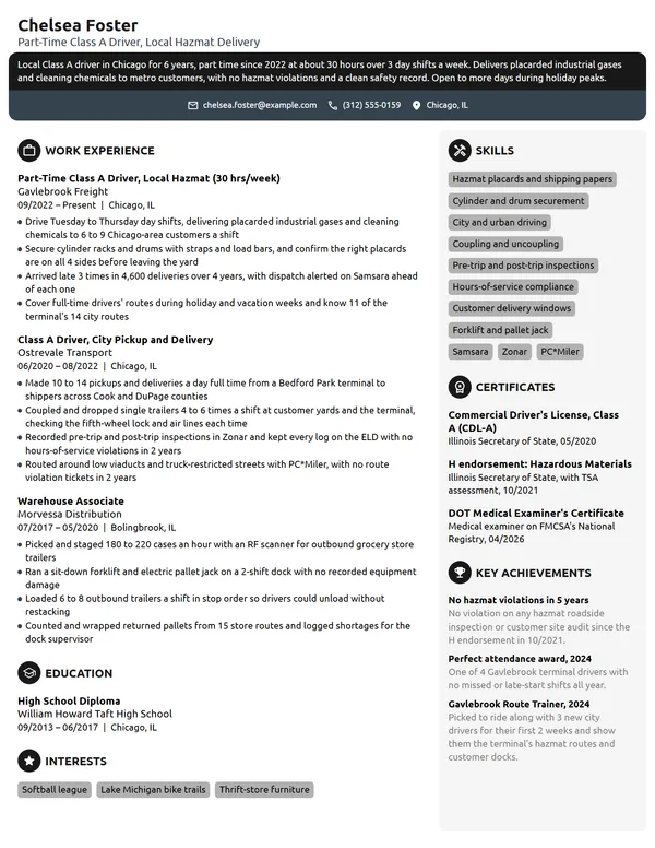 Part-Time Truck Driver resume example
