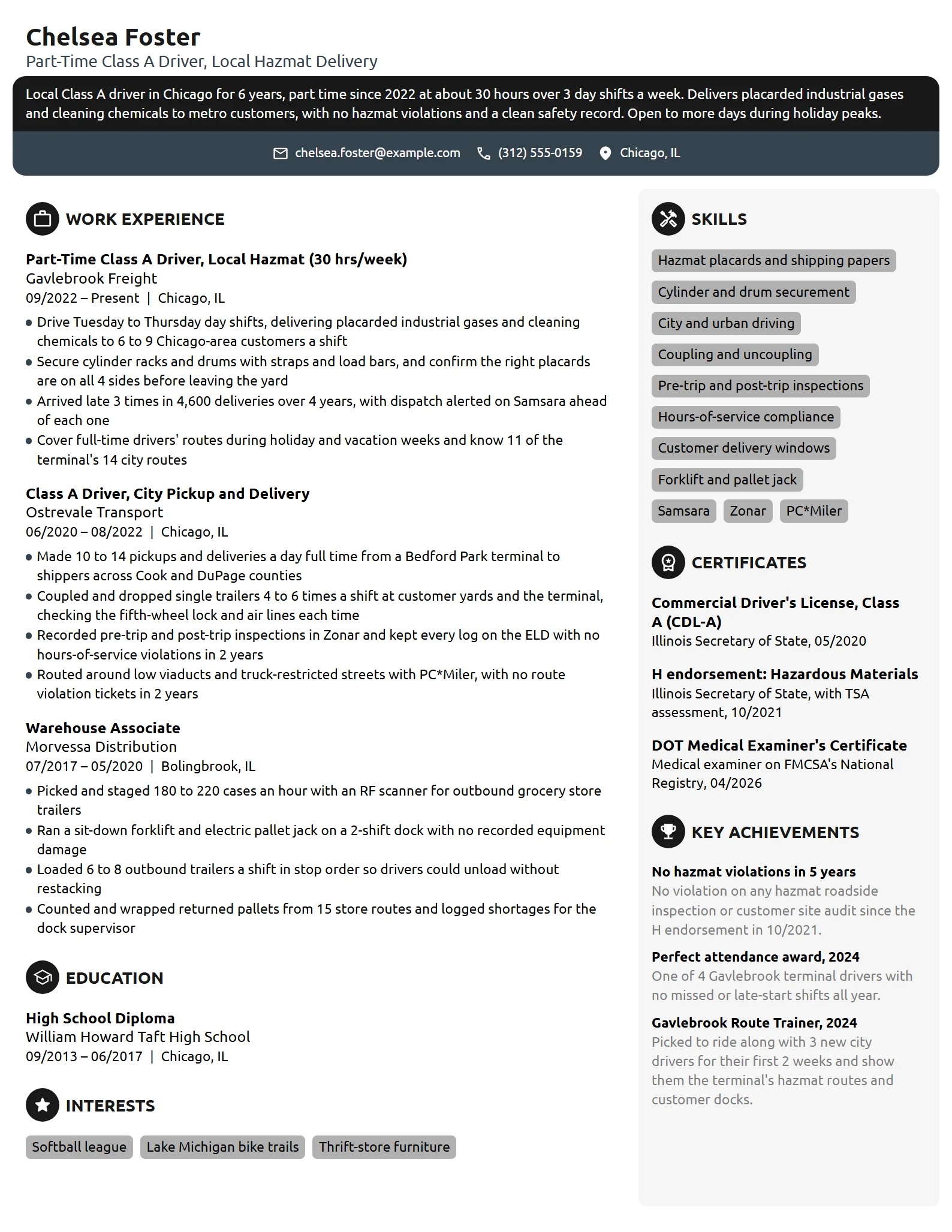 Part-Time Truck Driver resume example