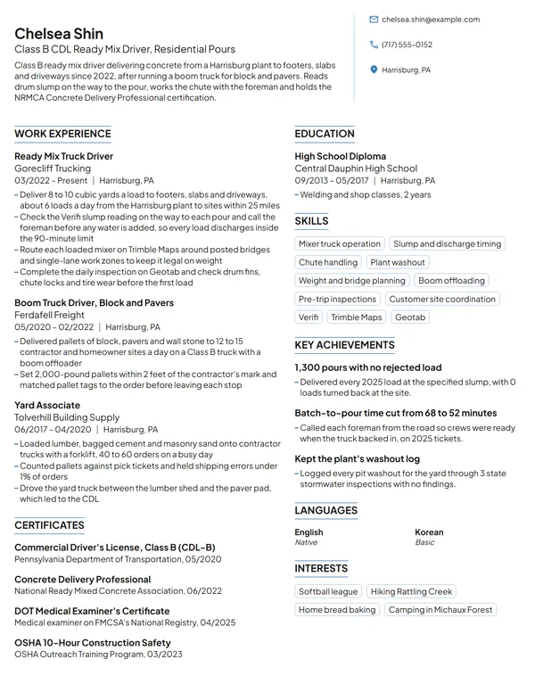 Ready Mix Truck Driver resume example