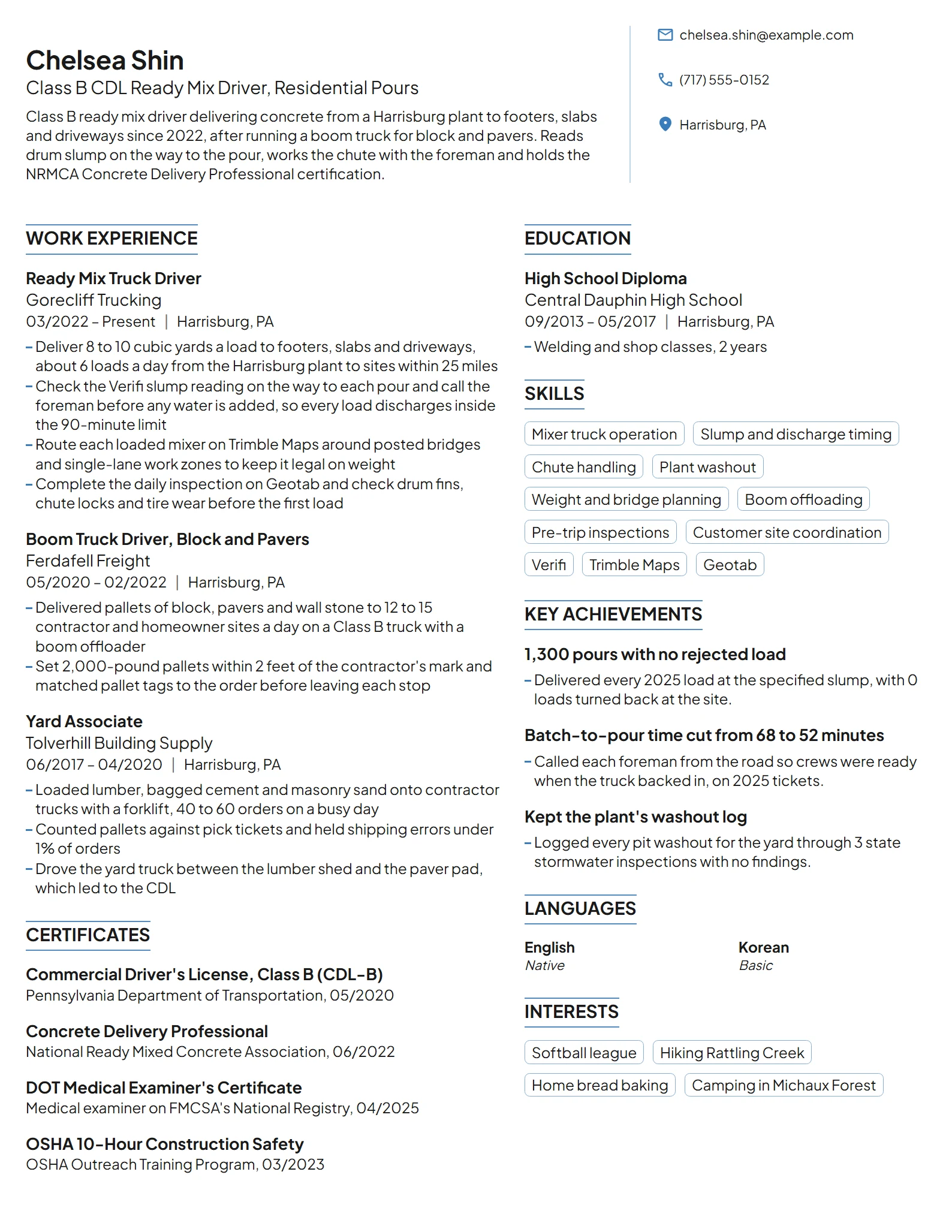 Ready Mix Truck Driver resume example