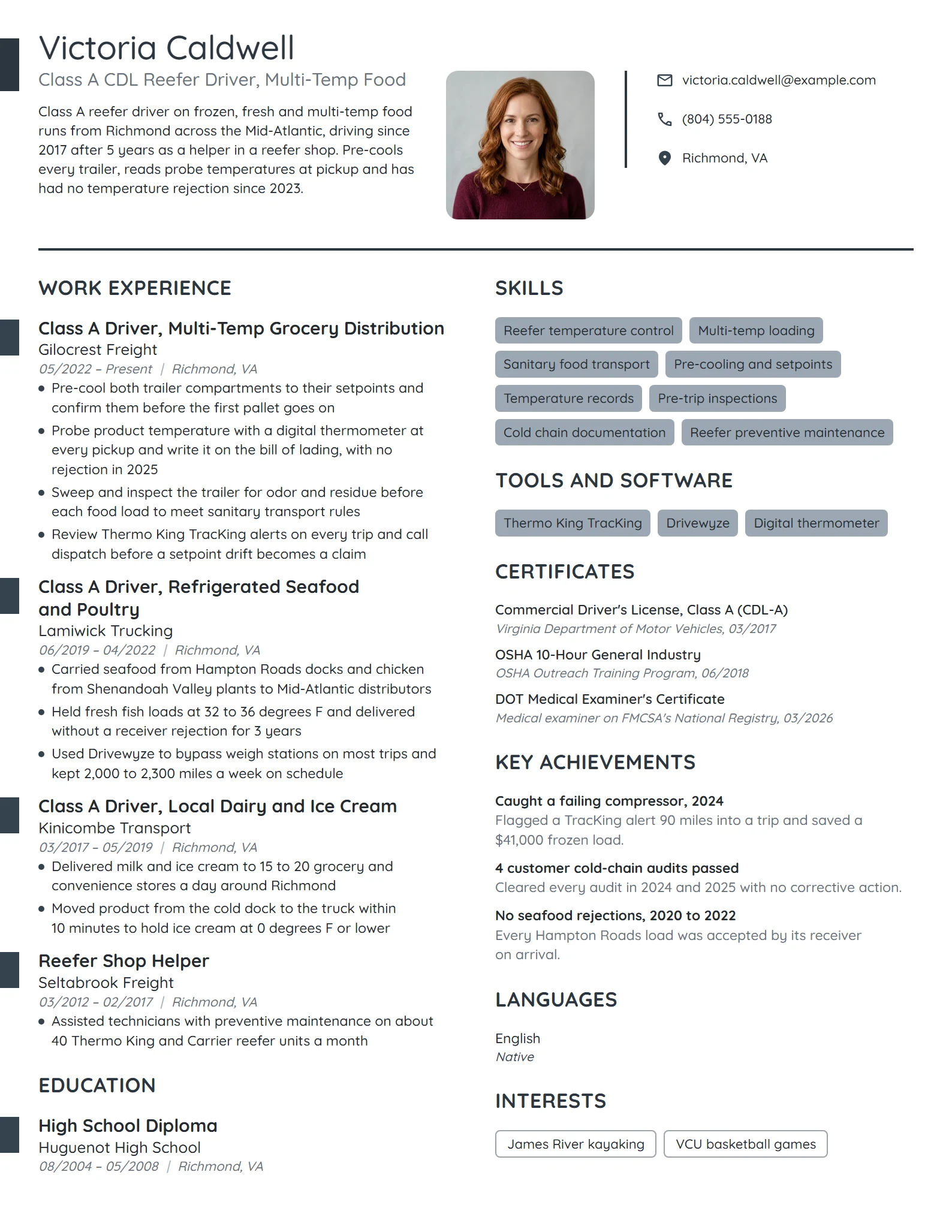 Refrigerated Truck Driver resume example
