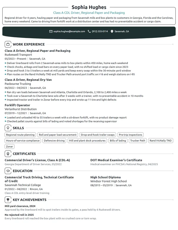 Regional Truck Driver resume example
