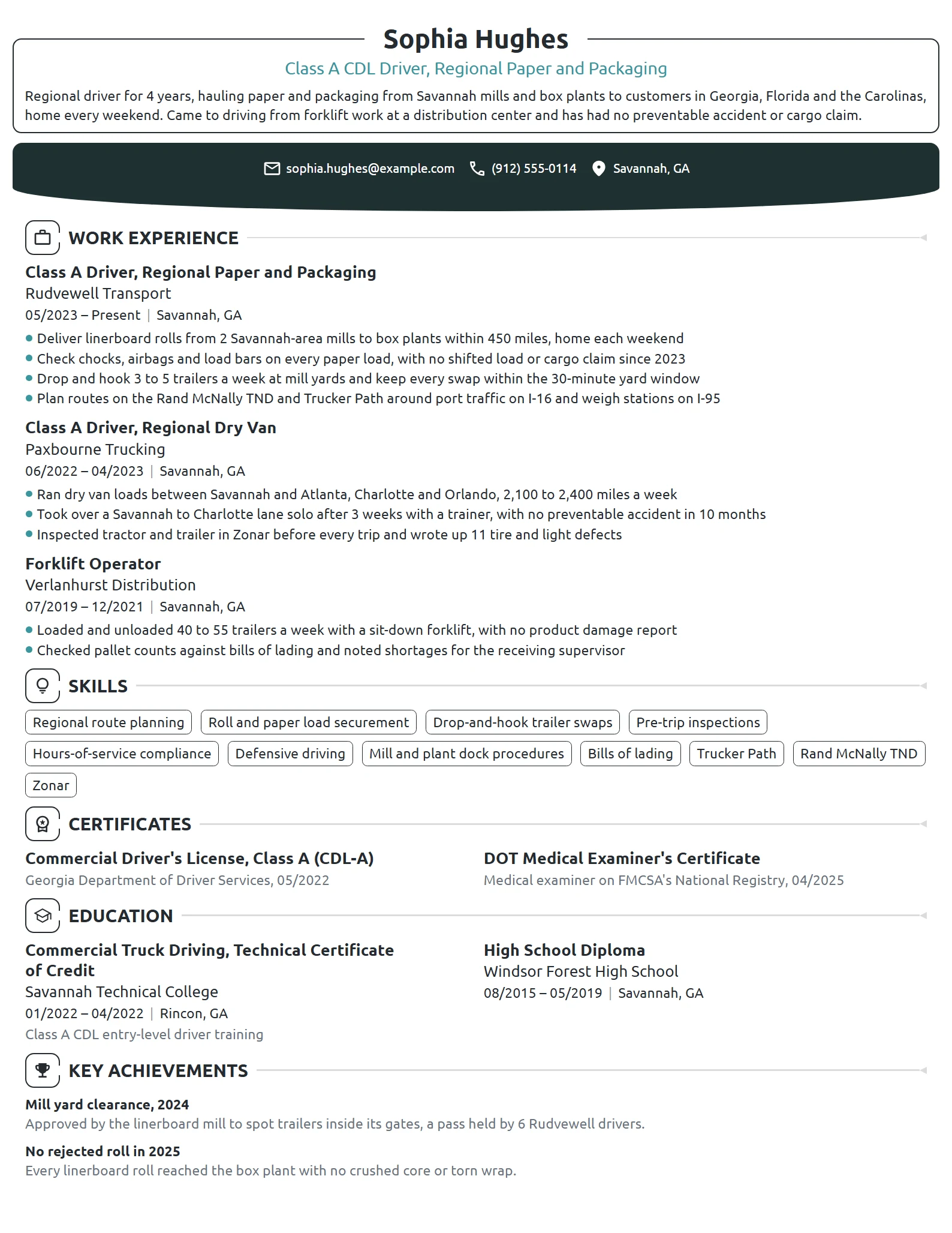 Regional Truck Driver resume example