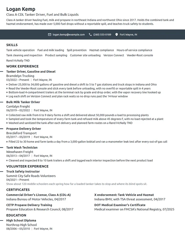 Tanker Truck Driver resume example