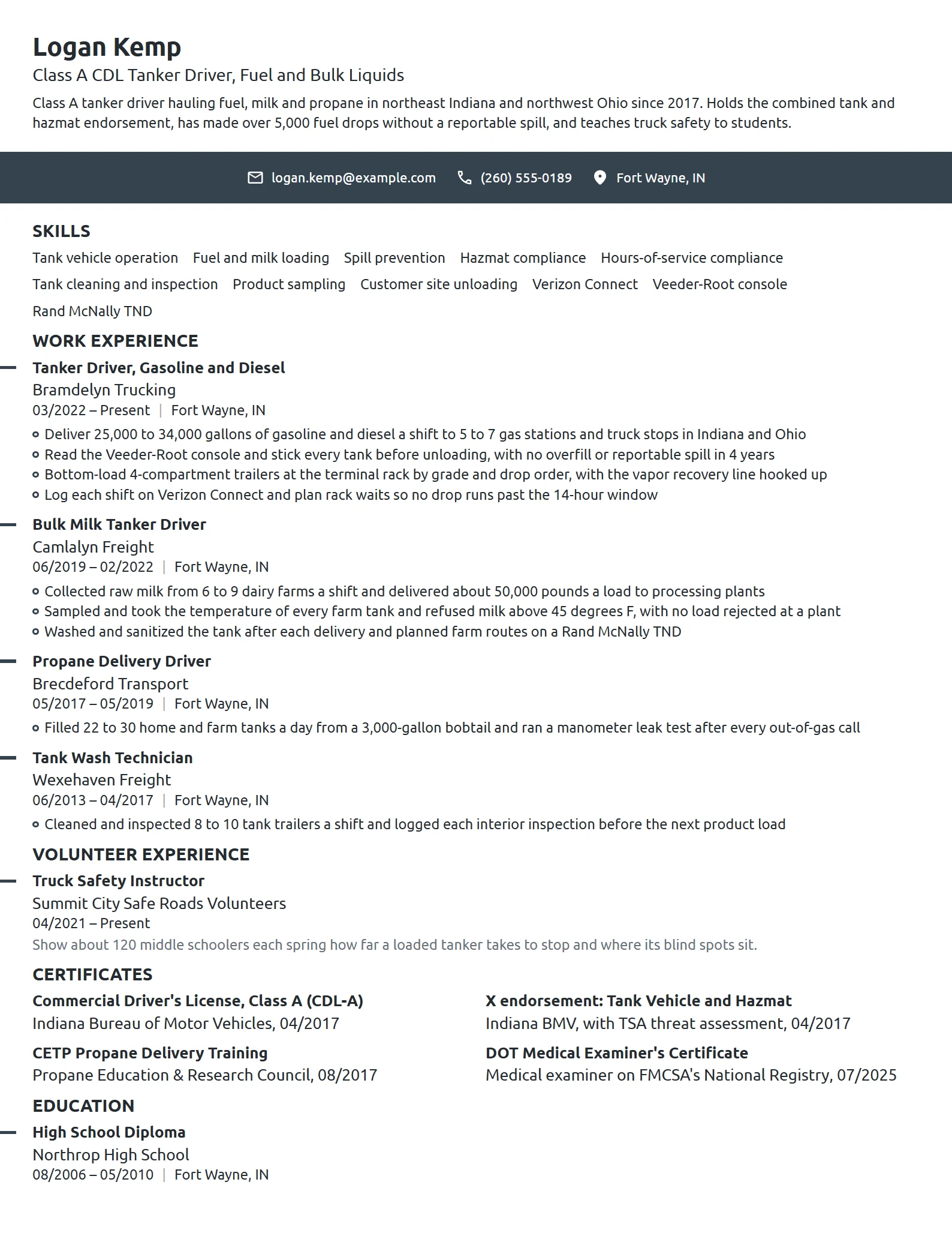 Tanker Truck Driver resume example