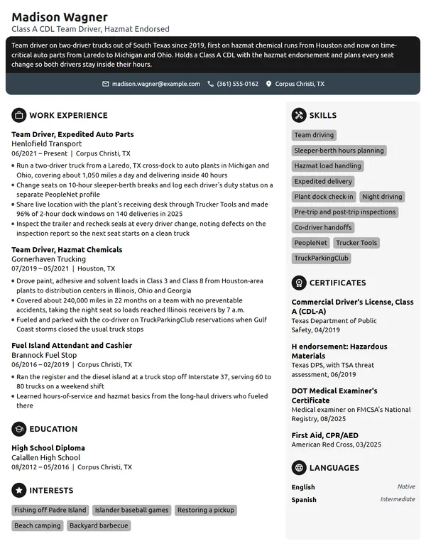 Team Truck Driver resume example