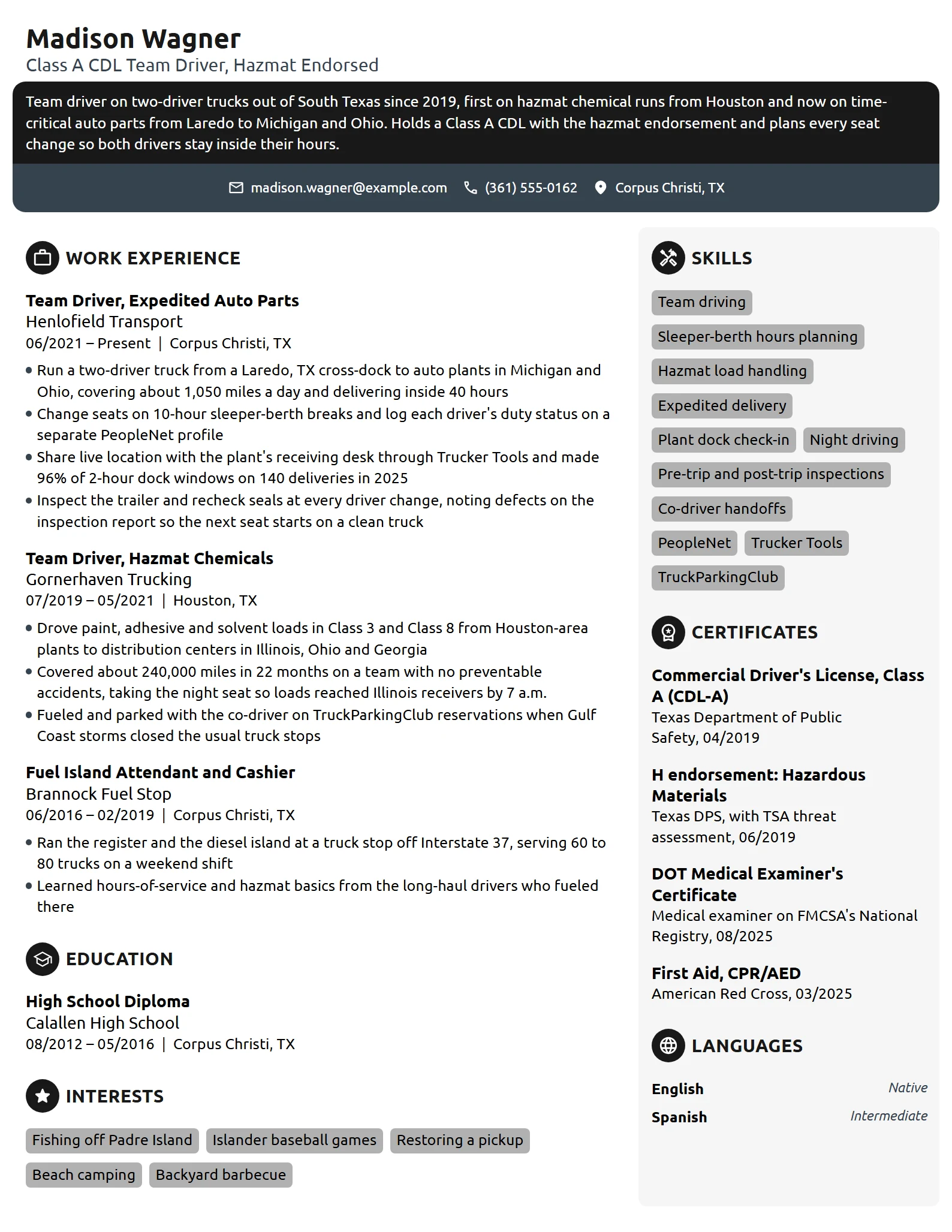Team Truck Driver resume example