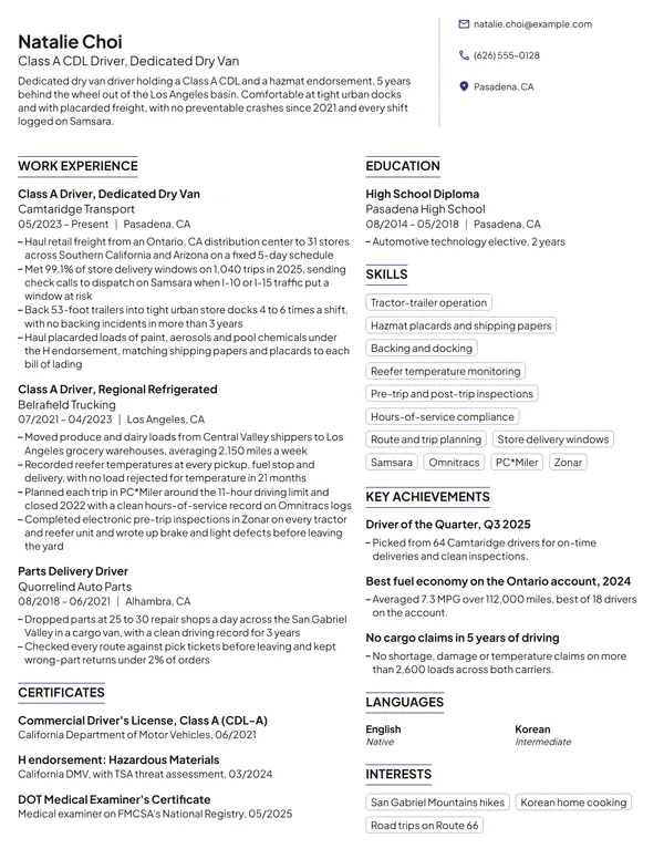 Truck Driver resume example