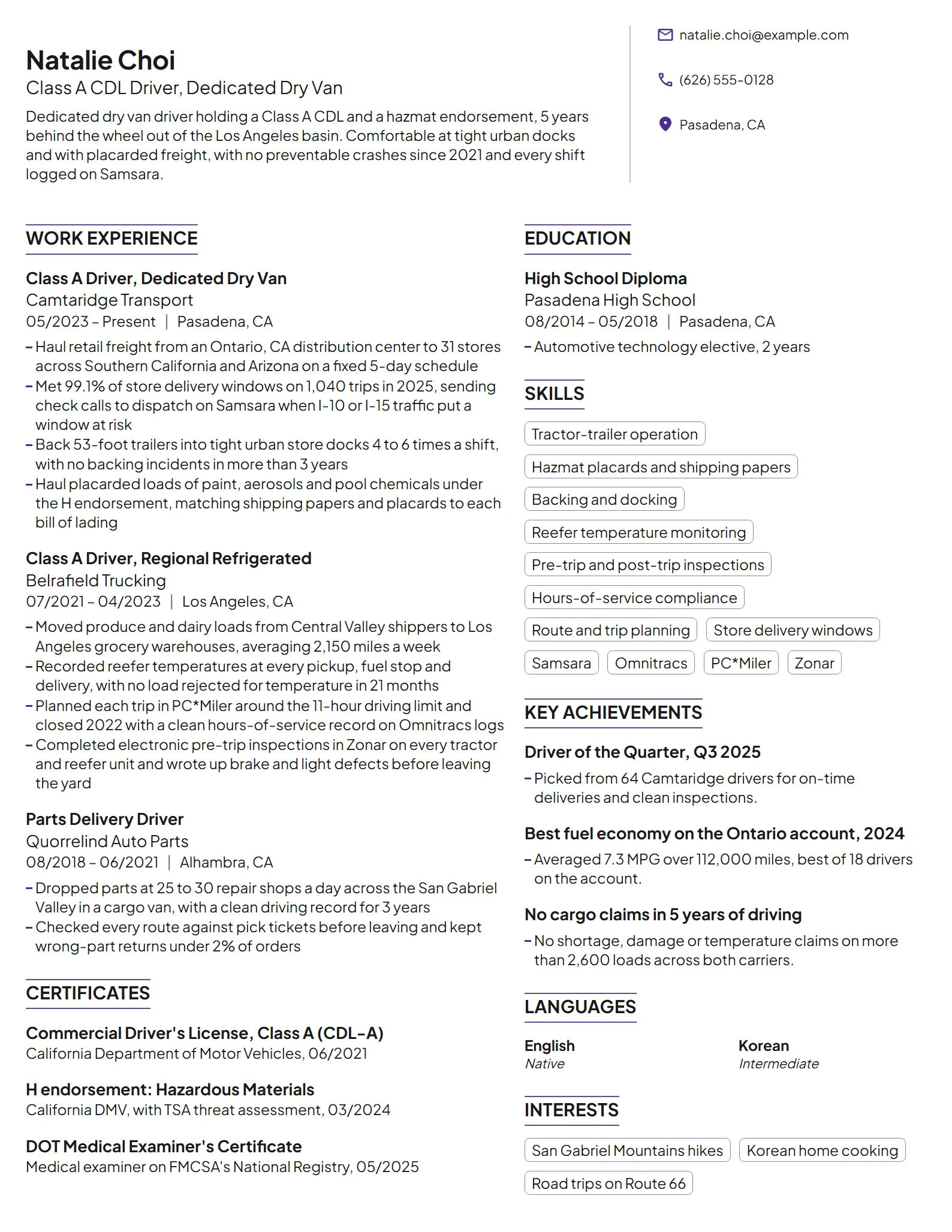 Truck Driver resume example