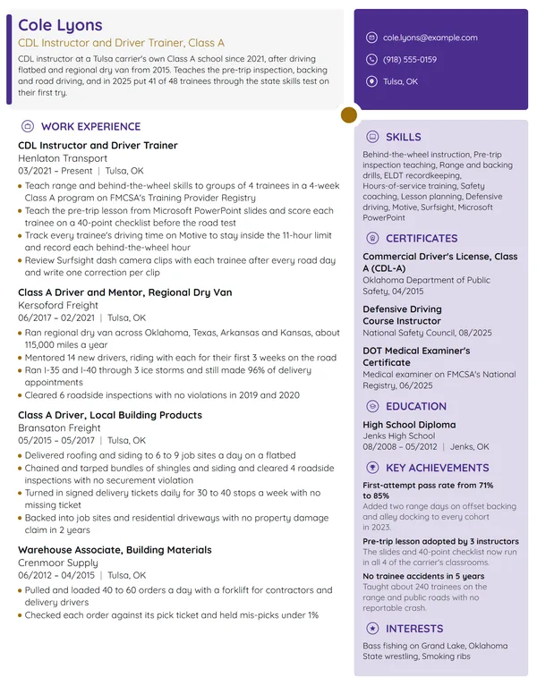Truck Driver Trainer resume example