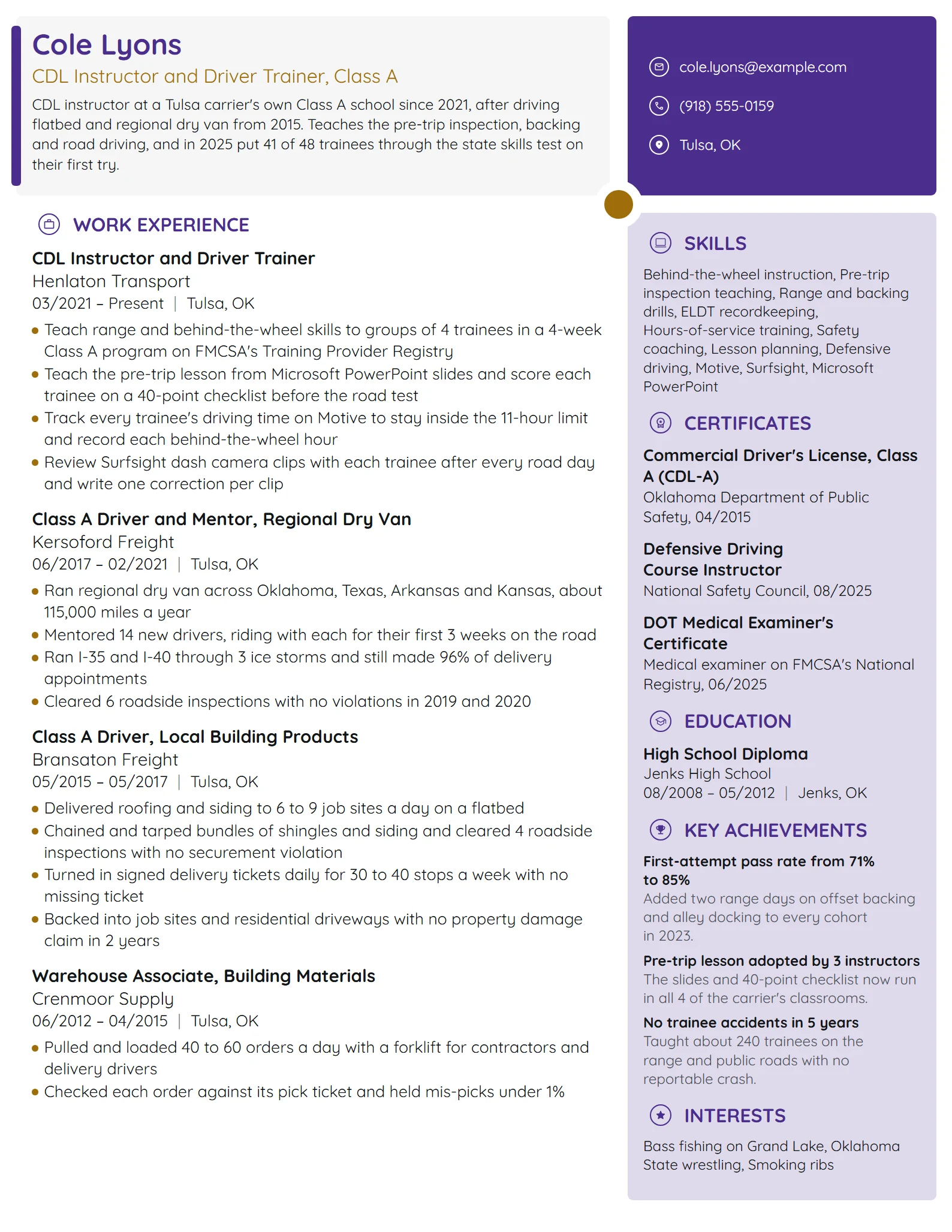 Truck Driver Trainer resume example