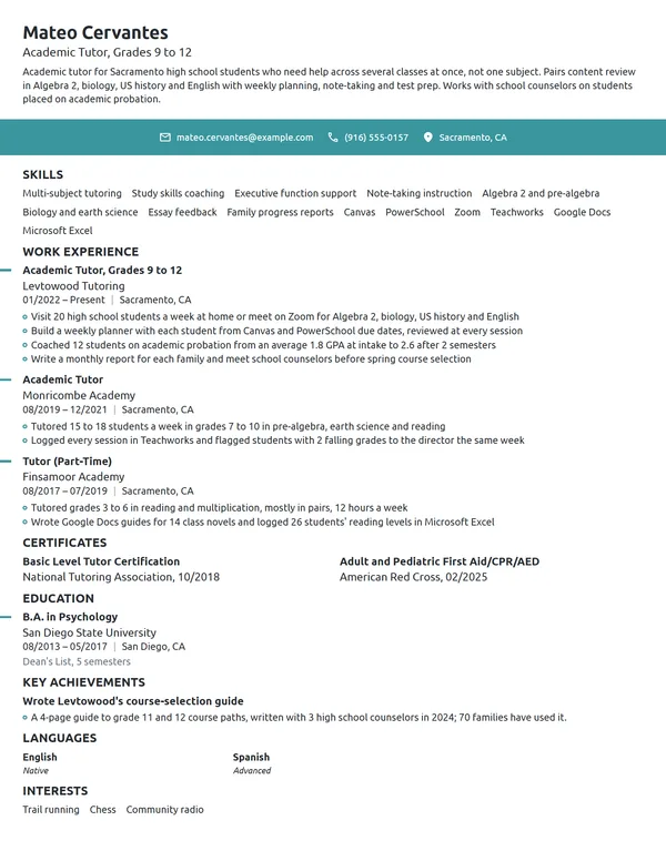 Academic Tutor resume example