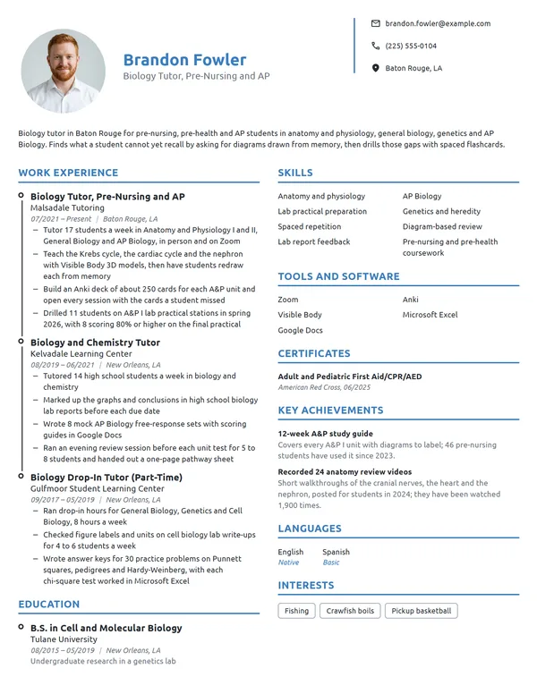 Biology Tutor resume example