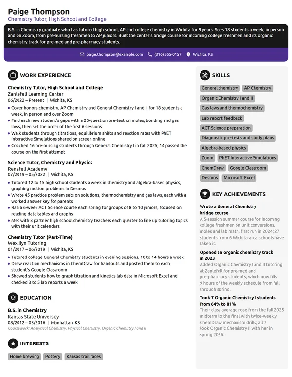 Chemistry Tutor resume example