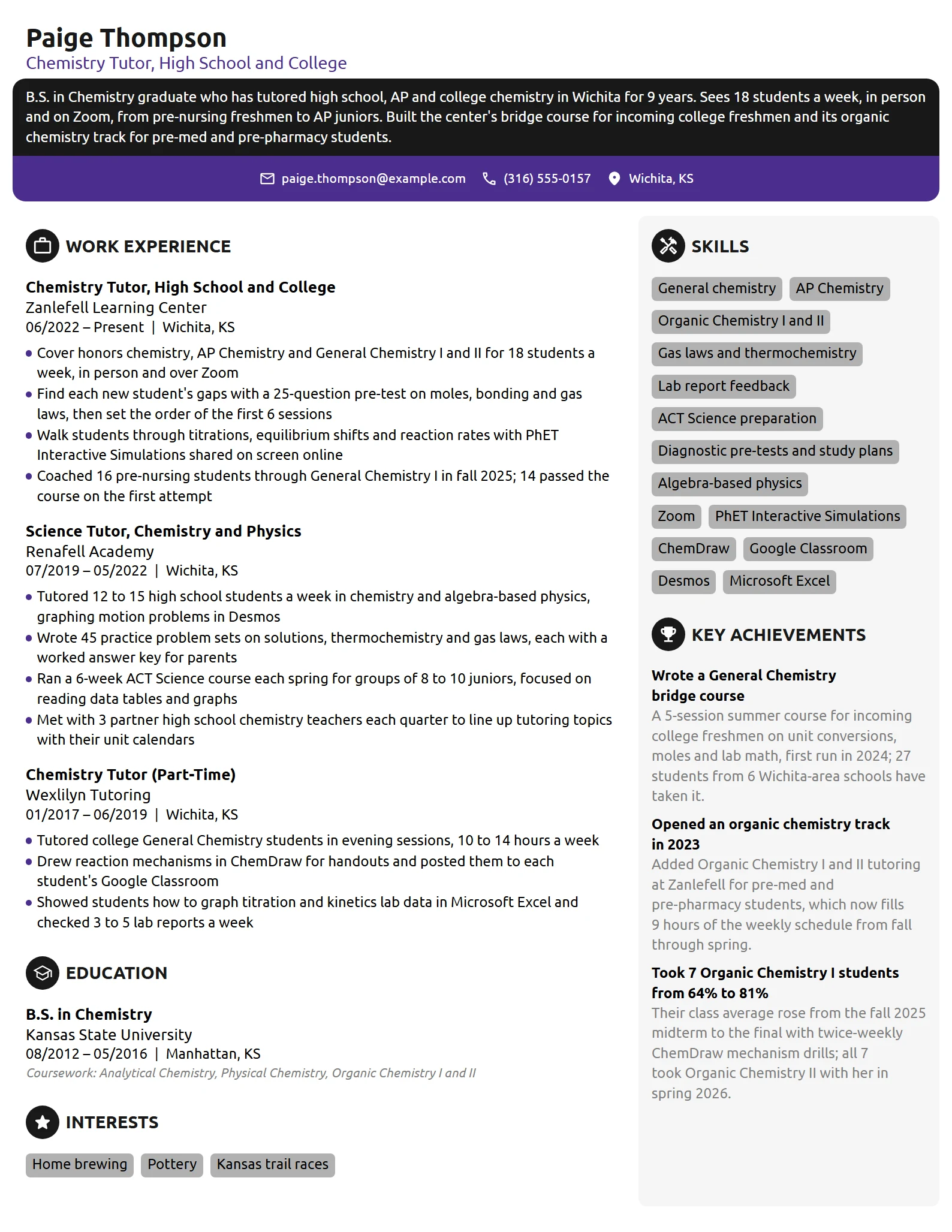 Chemistry Tutor resume example