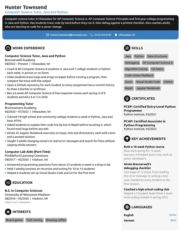 Computer Science Tutor resume example