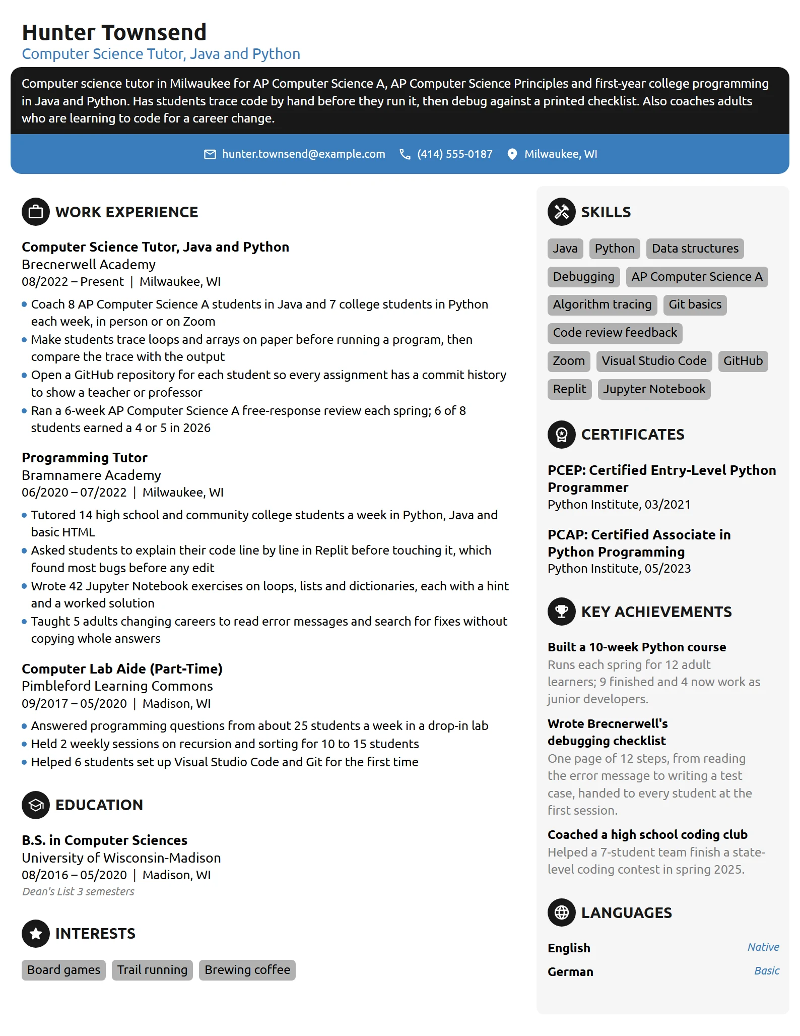 Computer Science Tutor resume example