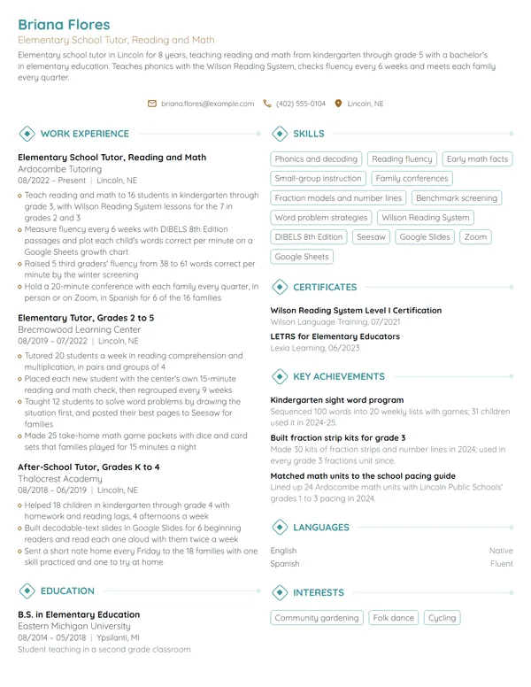 Elementary School Tutor resume example