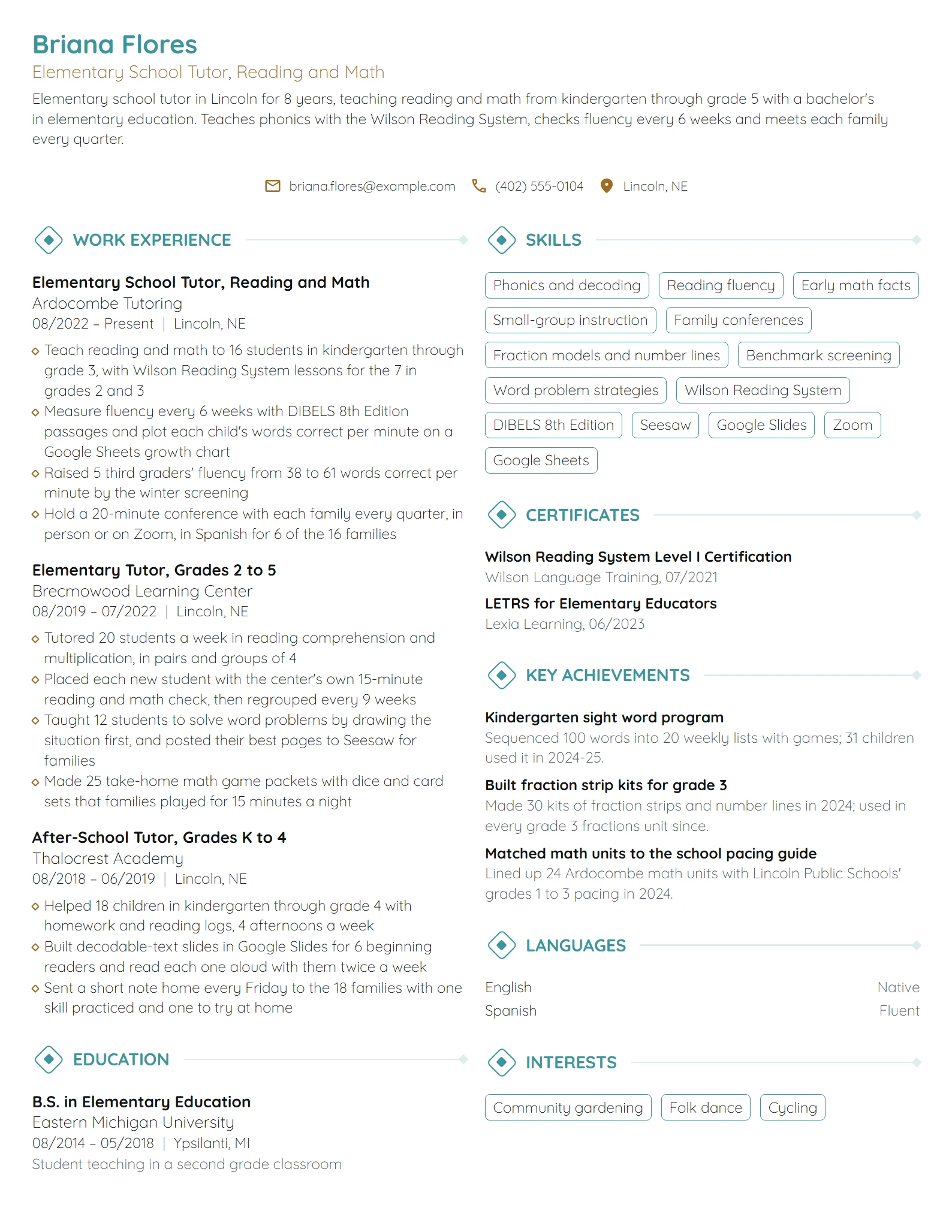 Elementary School Tutor resume example