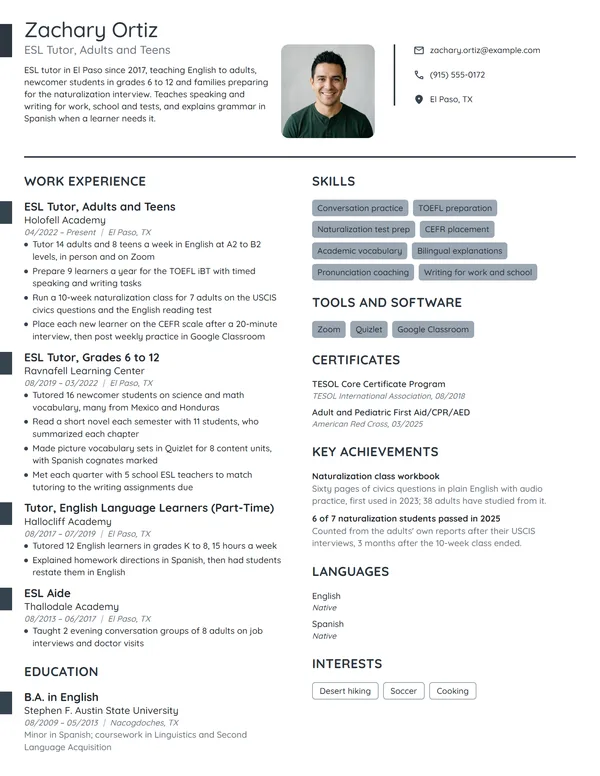 ESL Tutor resume example