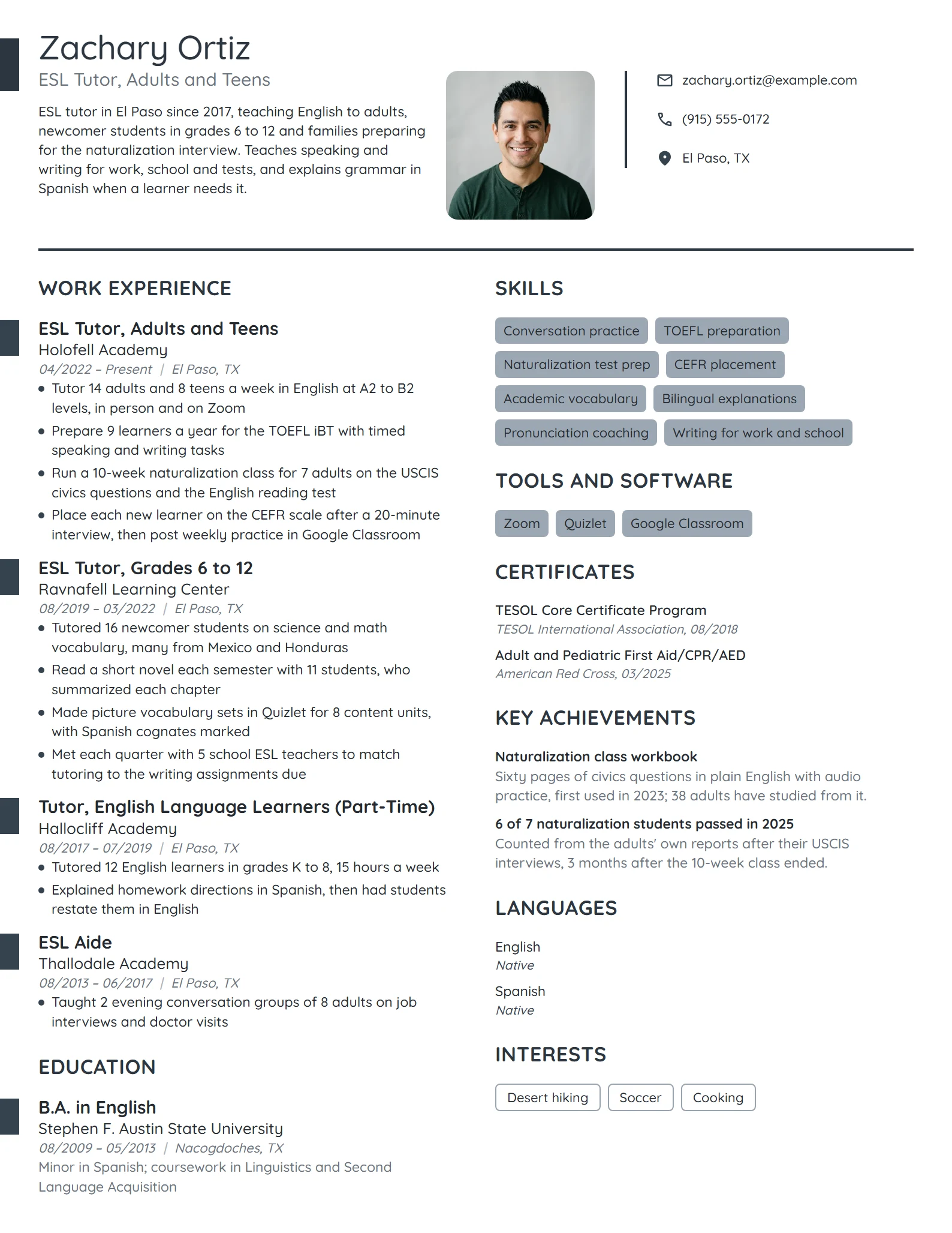 ESL Tutor resume example