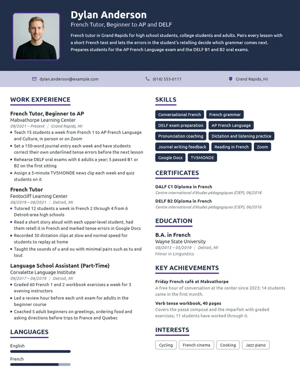 French Tutor resume example