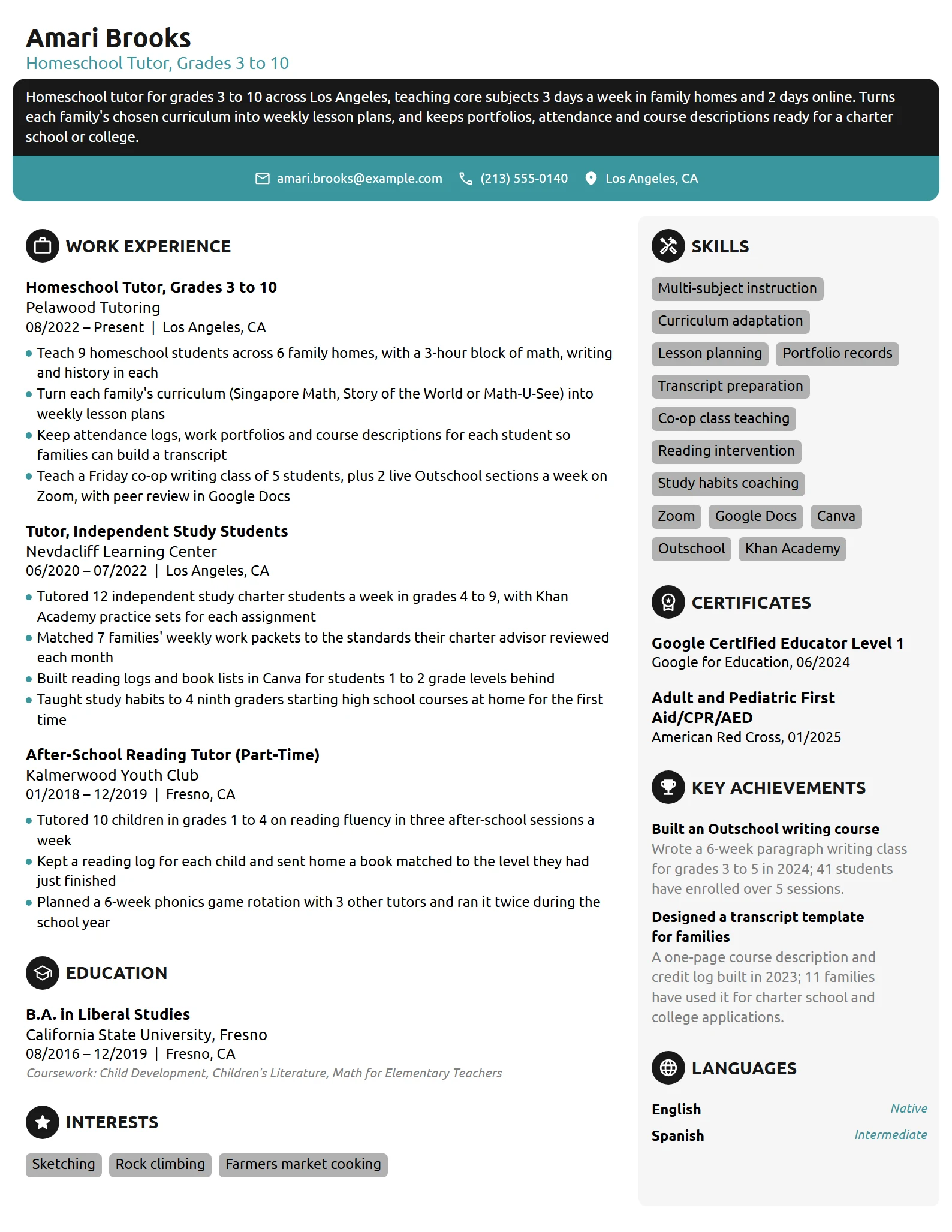 Homeschool Tutor resume example
