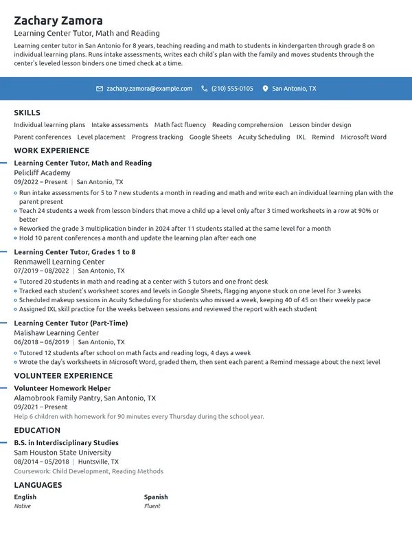 Learning Center Tutor resume example
