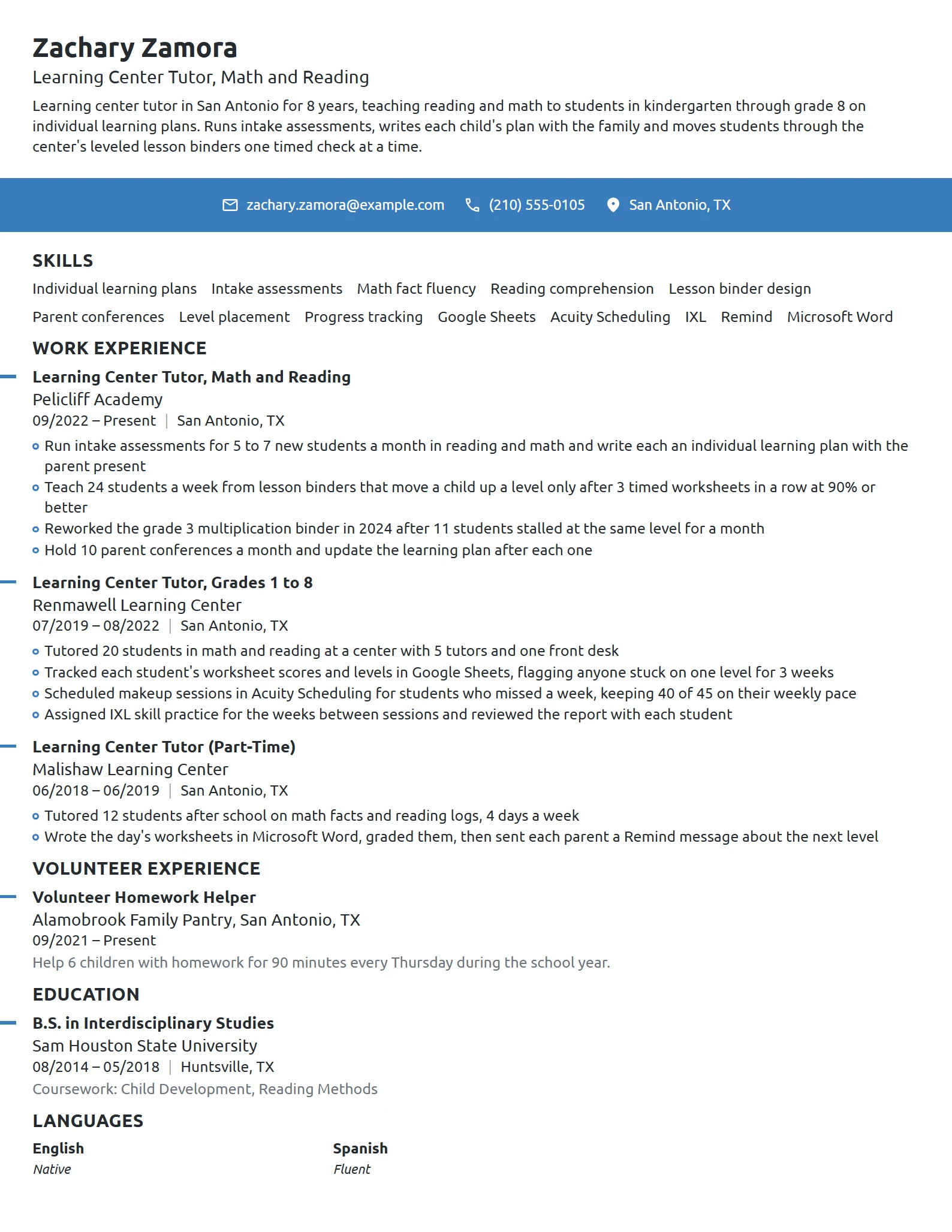 Learning Center Tutor resume example