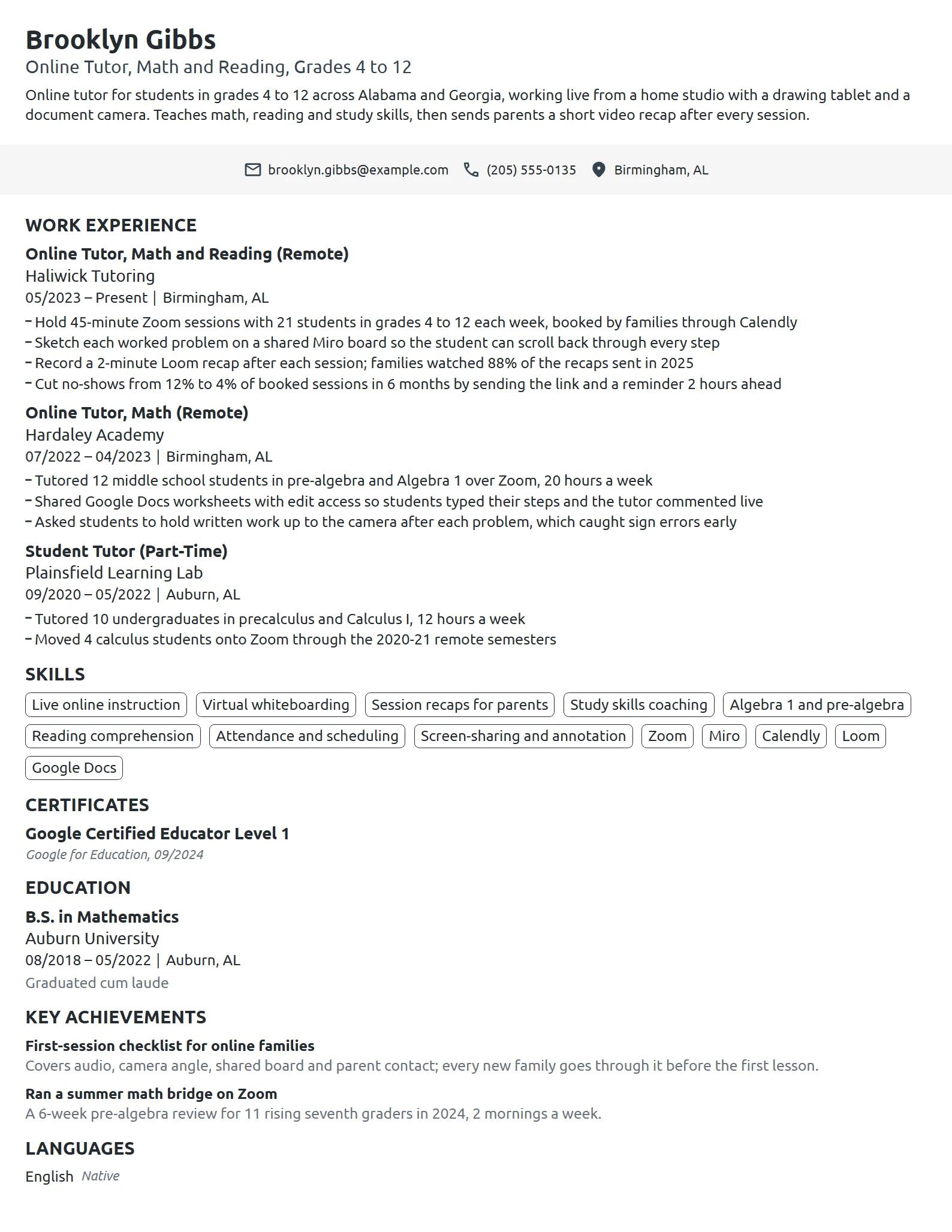 Online Tutor resume example