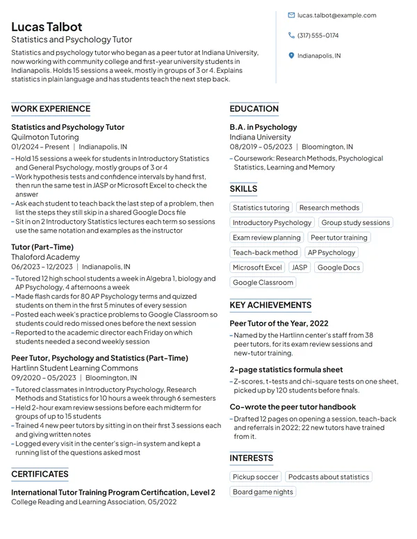 Peer Tutor resume example