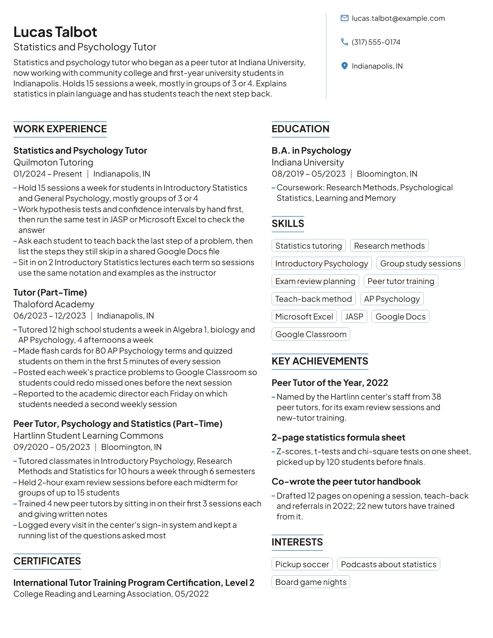 Peer Tutor resume example