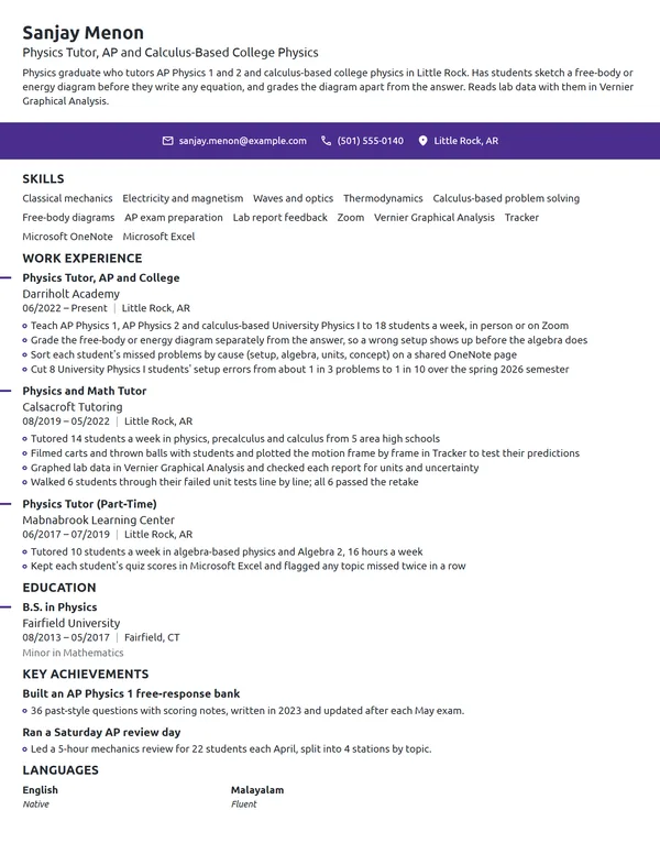 Physics Tutor resume example