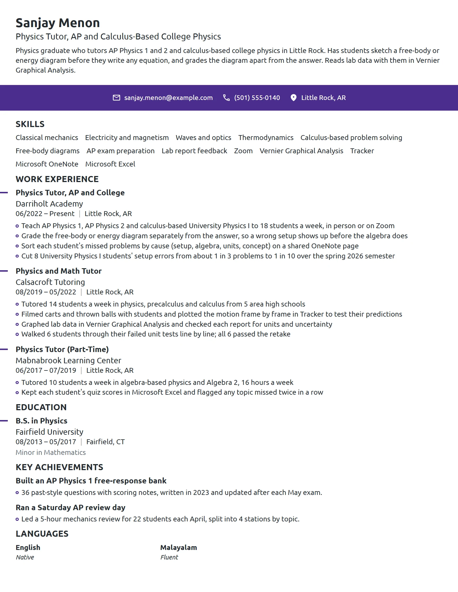 Physics Tutor resume example