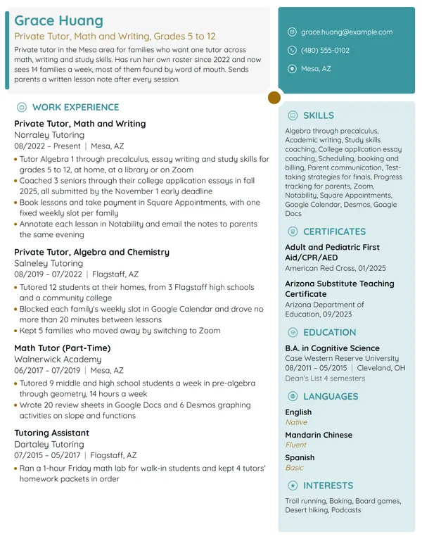 Private Tutor resume example