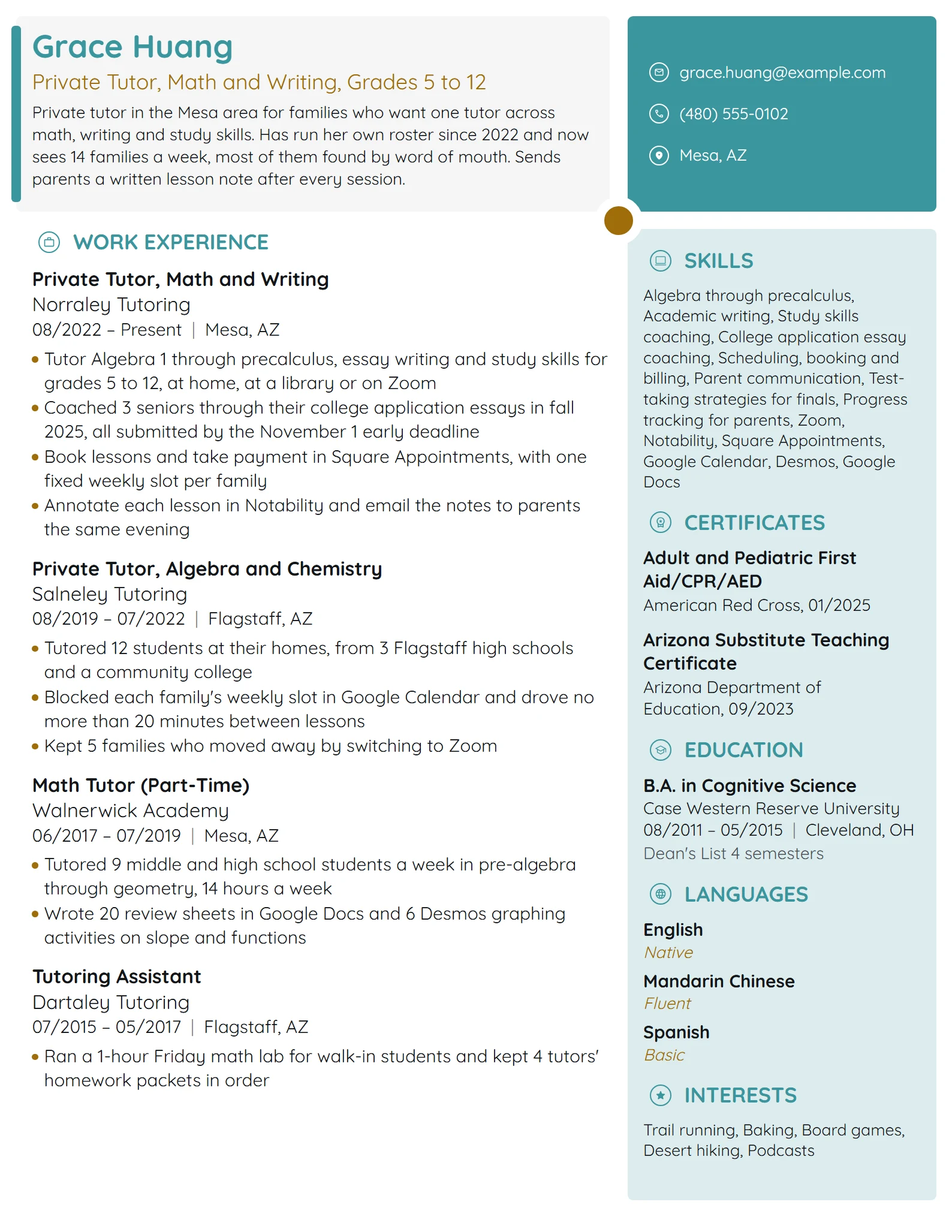 Private Tutor resume example