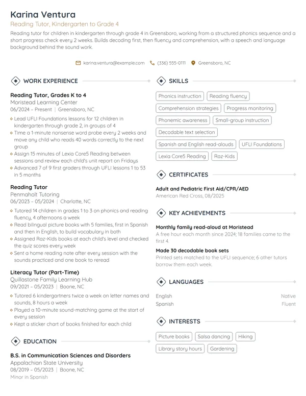 Reading Tutor resume example