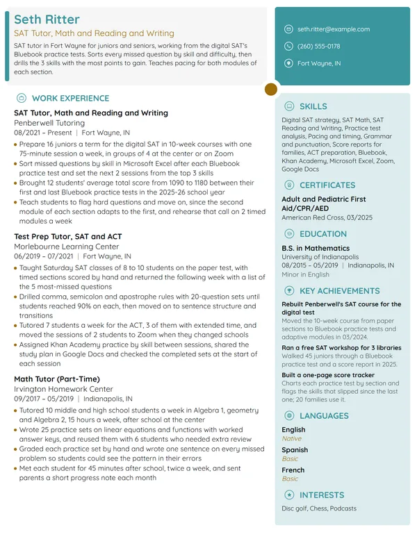SAT Tutor resume example