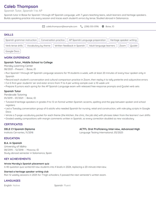 Spanish Tutor resume example