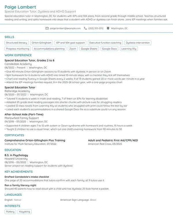 Special Education Tutor resume example