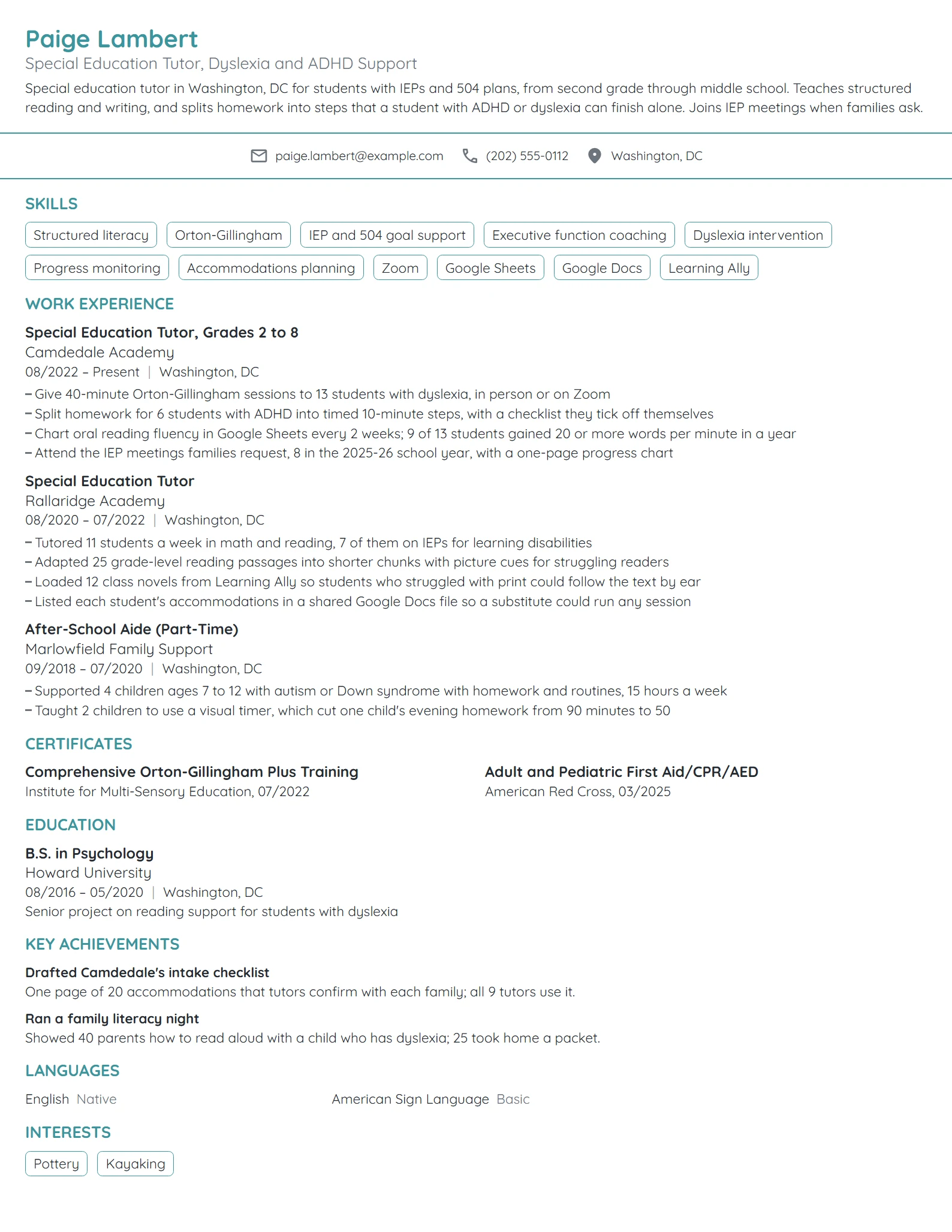 Special Education Tutor resume example