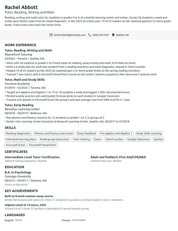 Tutor resume example