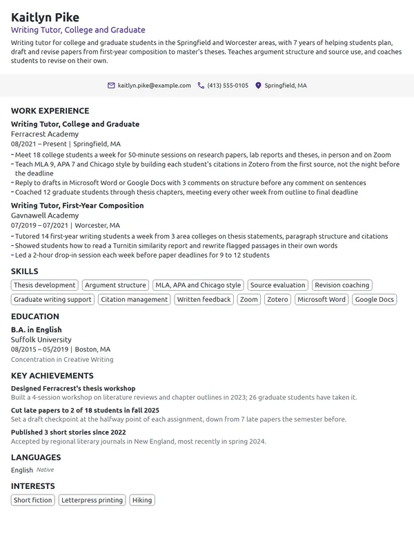Writing Tutor resume example