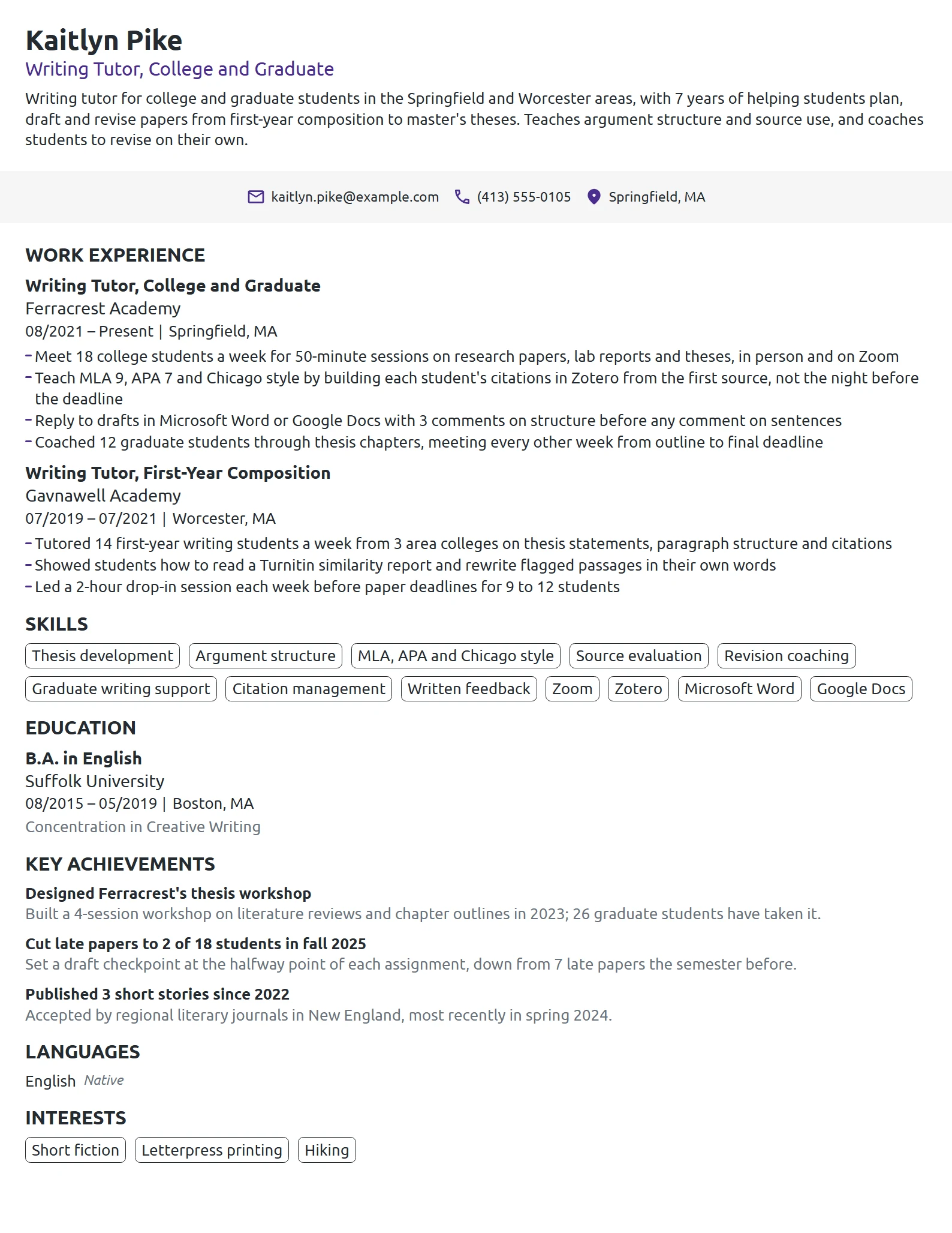 Writing Tutor resume example